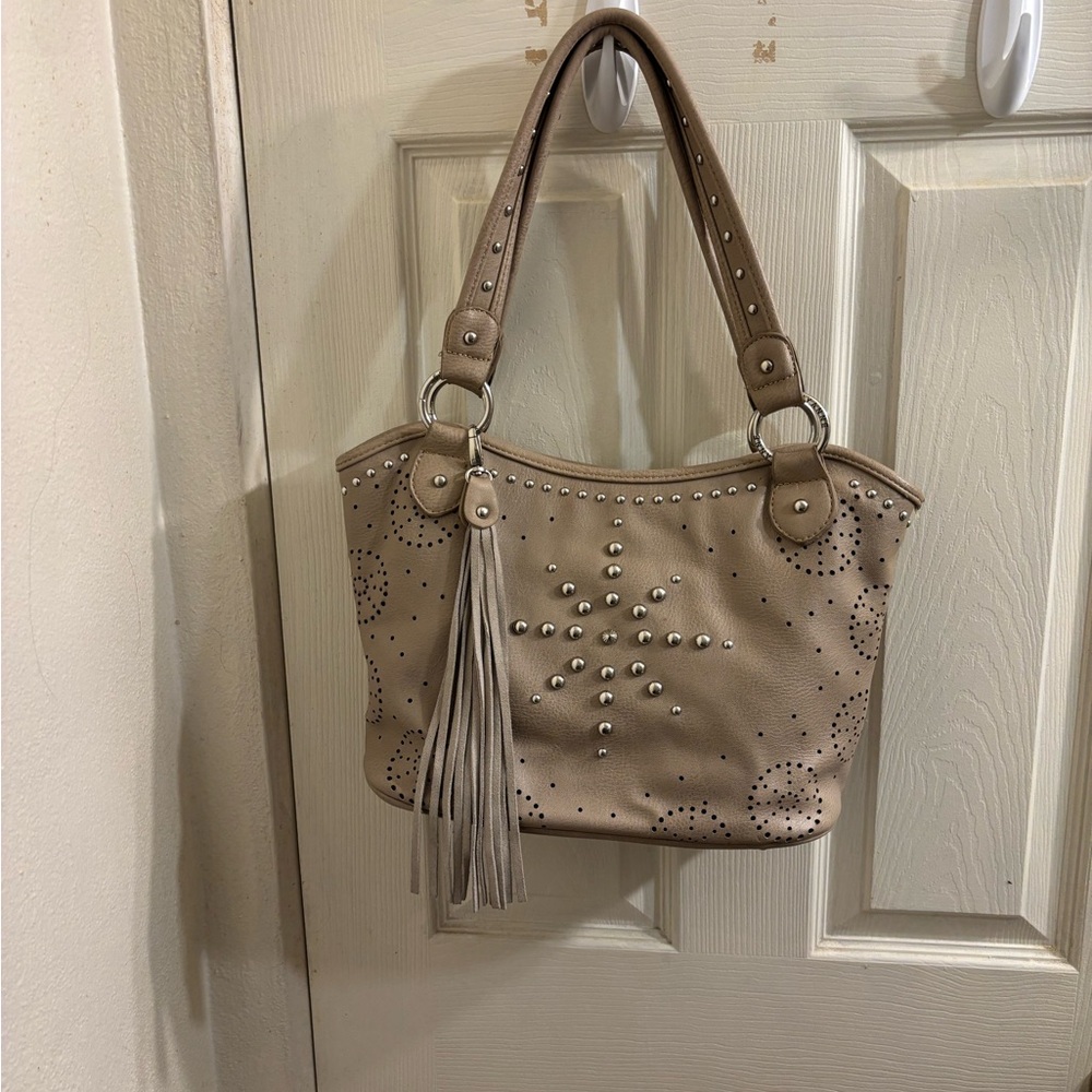Tan Shoulder Bag with Decorative Stitching and Slouchy Design
